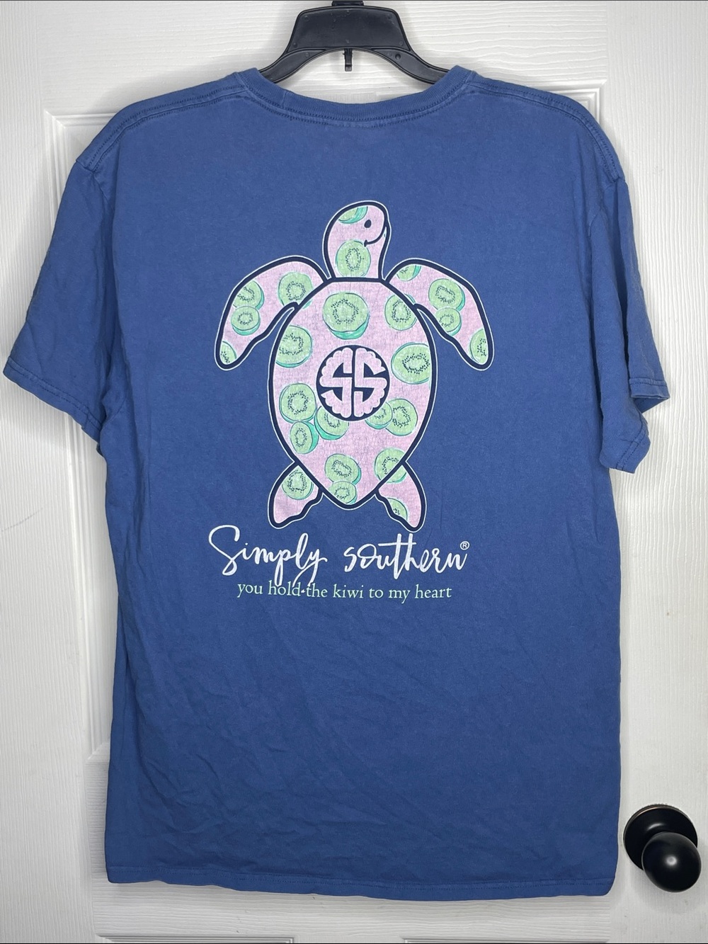 Simply Southern Blue Tee  "you hold the kiwi...". Size L
